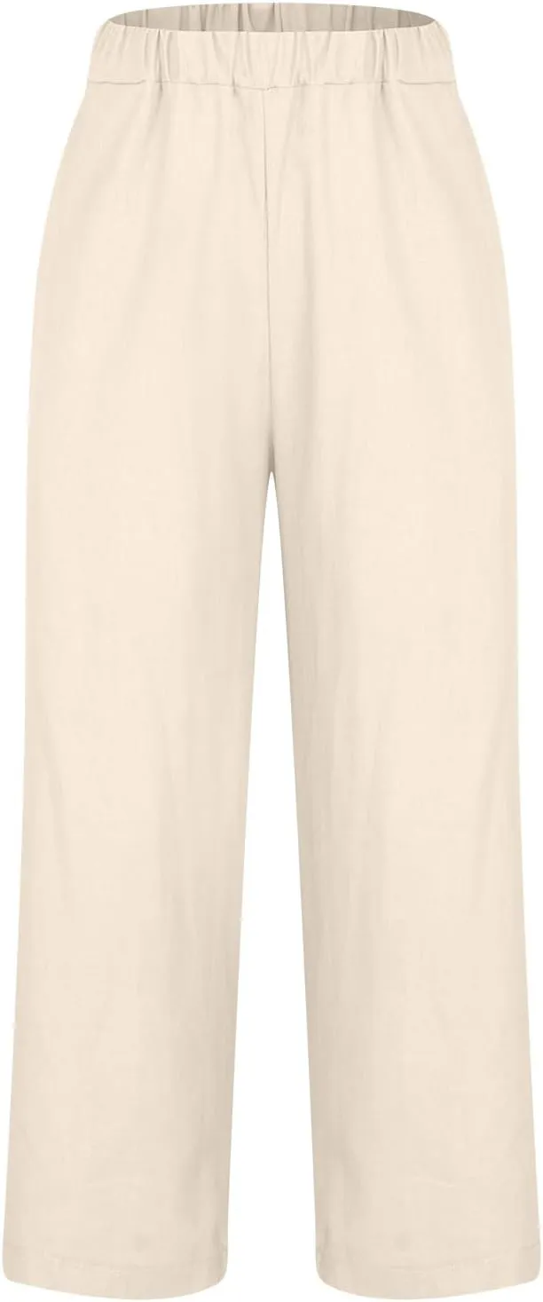 Cotton Linen Pants for Women Straight Leg Elastic Waist Pants Loose Fit Casual Trousers Plus Size Slack 2024 Fashion