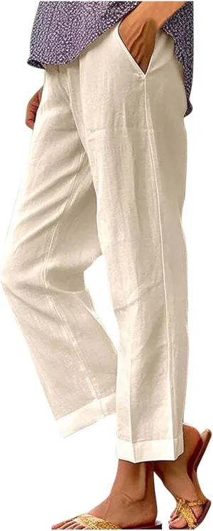Cotton Linen Pants for Women Straight Leg Elastic Waist Pants Loose Fit Casual Trousers Plus Size Slack 2024 Fashion