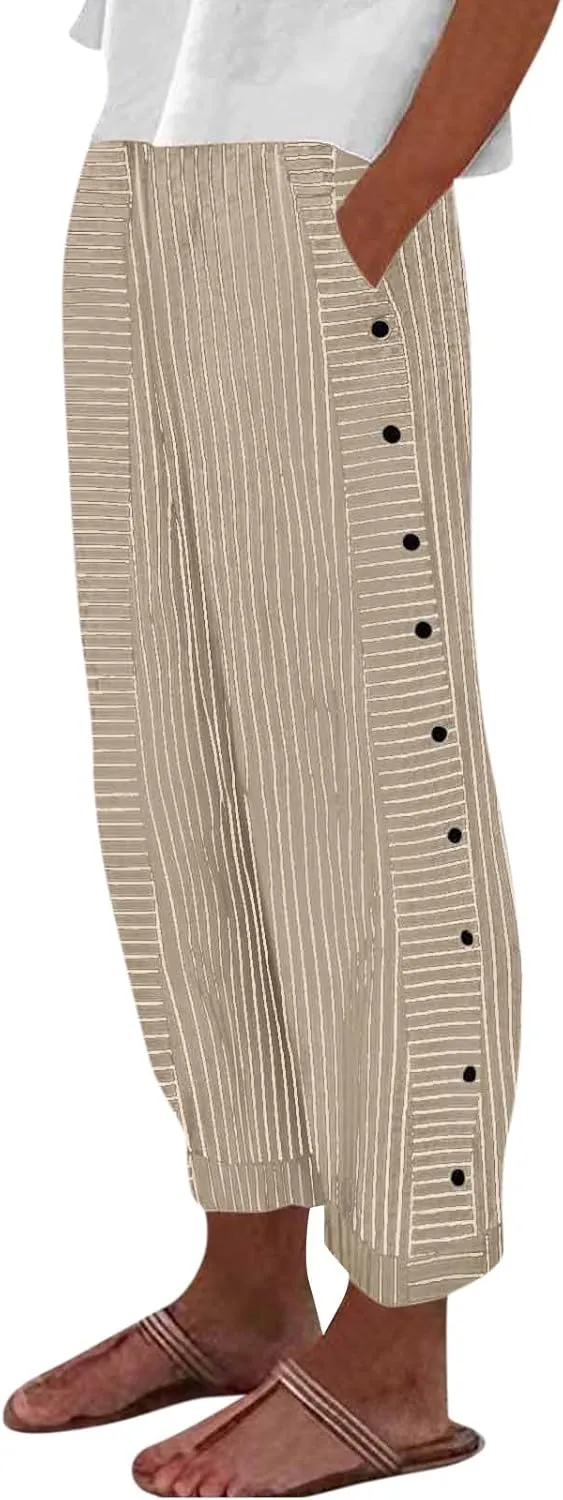 Cotton Linen Pants for Women Summer Wide Leg Elastic Straight Leg Lounge Pant Drawstring Lightweight Beach Trousers