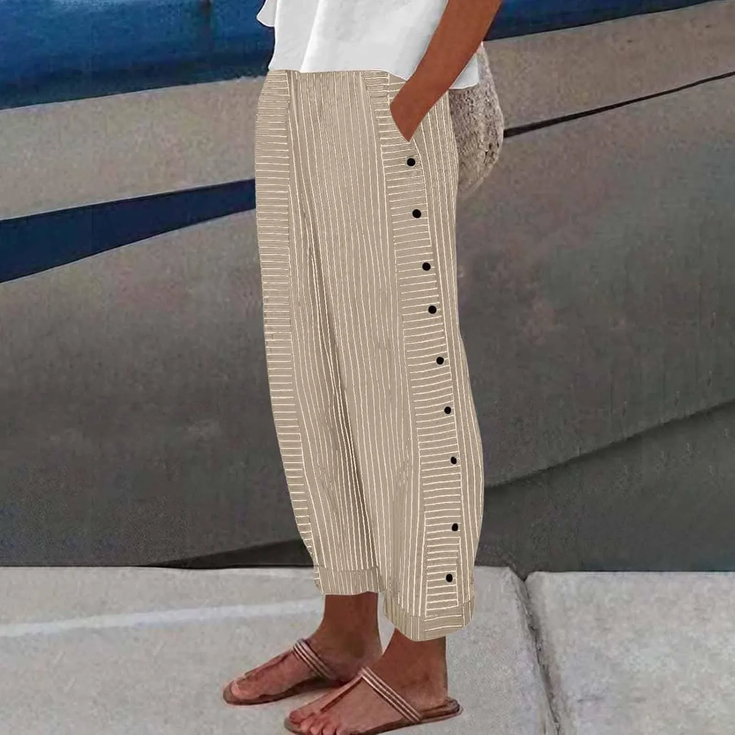 Cotton Linen Pants for Women Summer Wide Leg Elastic Straight Leg Lounge Pant Drawstring Lightweight Beach Trousers
