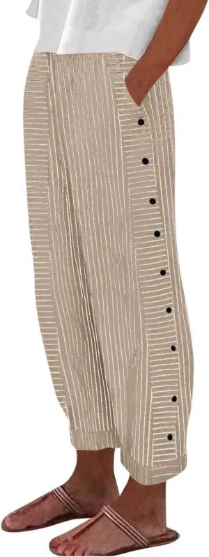 Cotton Linen Pants for Women Summer Wide Leg Elastic Straight Leg Lounge Pant Drawstring Lightweight Beach Trousers