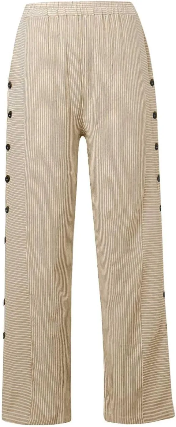 Cotton Linen Pants for Women Summer Wide Leg Elastic Straight Leg Lounge Pant Drawstring Lightweight Beach Trousers