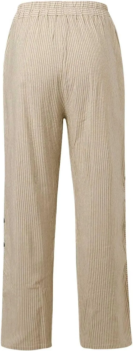 Cotton Linen Pants for Women Summer Wide Leg Elastic Straight Leg Lounge Pant Drawstring Lightweight Beach Trousers
