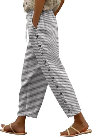 Cotton Linen Pants Women Casual Drawstring Pants Loose Drawstring Elastic Waist Cropped Trouser Womens Leggings