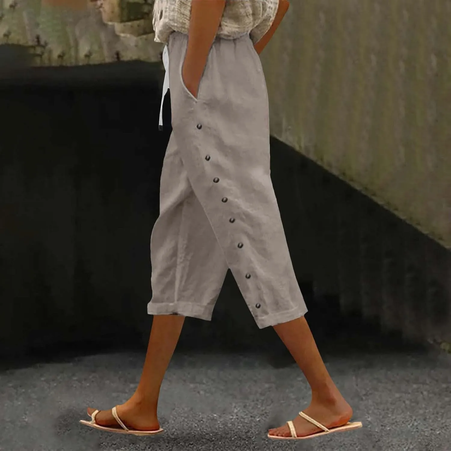 Cotton Linen Pants Women Cotton Linen Elastic Seven Pants Beach Casual Pants Linen Casual Elastic Waist Comfy Trousers