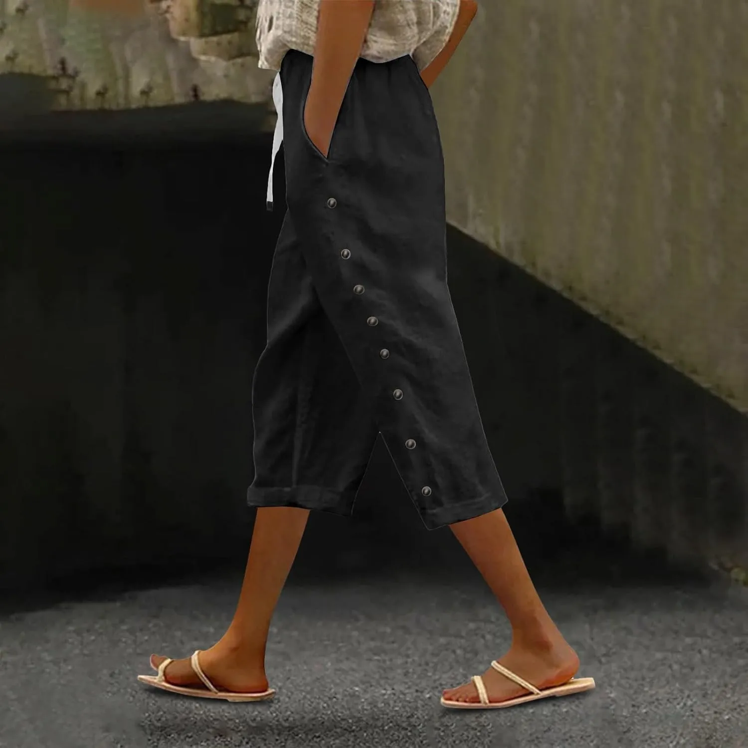 Cotton Linen Pants Women Cotton Linen Elastic Seven Pants Beach Casual Pants Linen Casual Elastic Waist Comfy Trousers