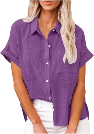 Cotton Linen Shirts for Women 2025 Summer Casual V Neck Roll Up Short Sleeve Blouses Loose Button Up Open Front Tops