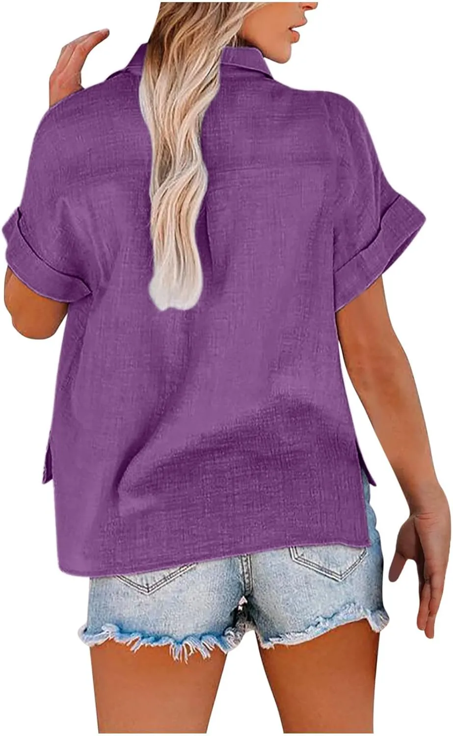 Cotton Linen Shirts for Women 2025 Summer Casual V Neck Roll Up Short Sleeve Blouses Loose Button Up Open Front Tops