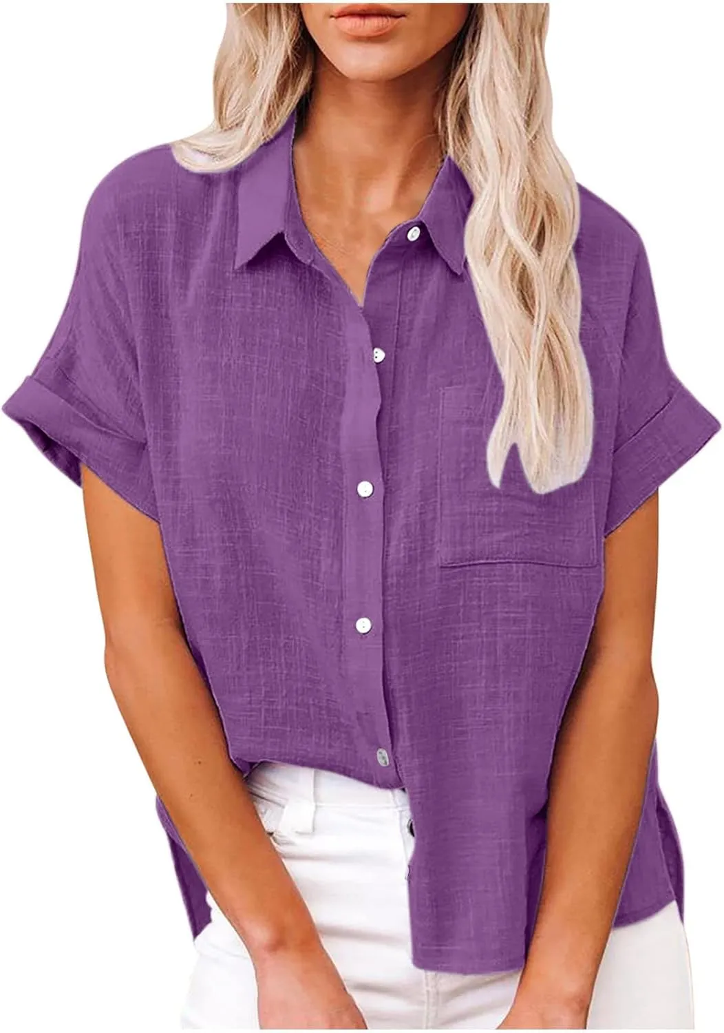 Cotton Linen Shirts for Women 2025 Summer Casual V Neck Roll Up Short Sleeve Blouses Loose Button Up Open Front Tops
