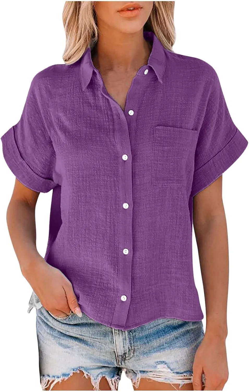 Cotton Linen Shirts for Women 2025 Summer Casual V Neck Roll Up Short Sleeve Blouses Loose Button Up Open Front Tops