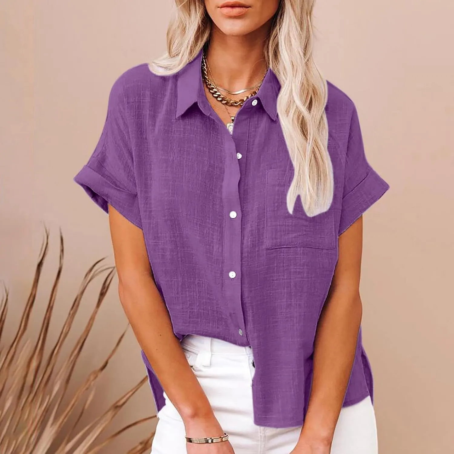 Cotton Linen Shirts for Women 2025 Summer Casual V Neck Roll Up Short Sleeve Blouses Loose Button Up Open Front Tops