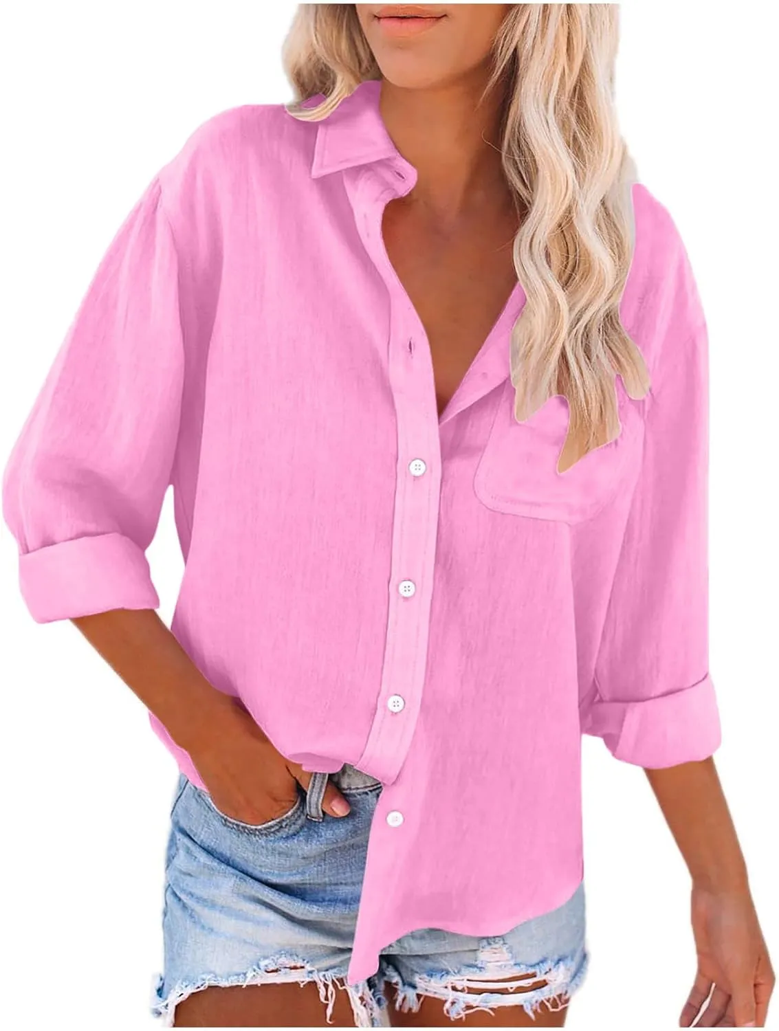 Cotton Linen Shirts for Women 2025 Trendy Long Sleeve Button Up V Neck T-Shirt Spring Summer Casual Loose Blouse Tops