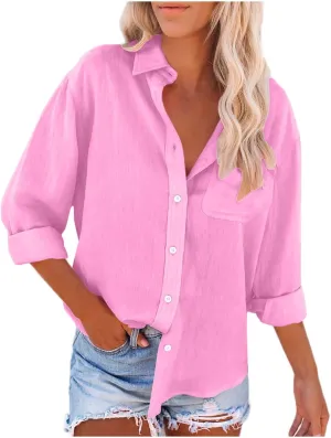 Cotton Linen Shirts for Women 2025 Trendy Long Sleeve Button Up V Neck T-Shirt Spring Summer Casual Loose Blouse Tops