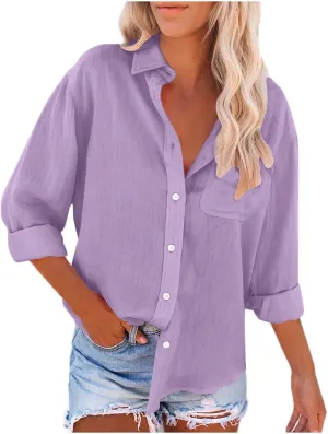 Cotton Linen Shirts for Women 2025 Trendy Long Sleeve Button Up V Neck T-Shirt Spring Summer Casual Loose Blouse Tops