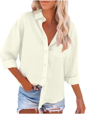 Cotton Linen Shirts for Women 2025 Trendy Long Sleeve Button Up V Neck T-Shirt Spring Summer Casual Loose Blouse Tops