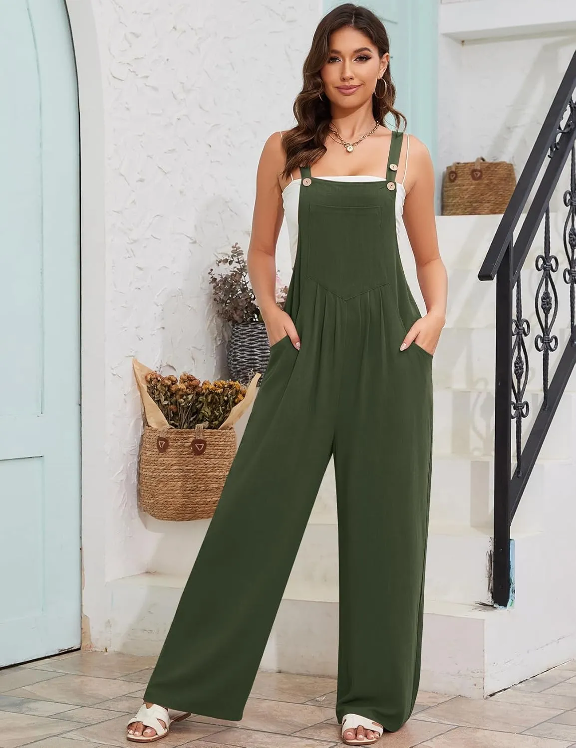 COZYPOIN Women Overalls One Piece Jumpsuits Wide Leg Pants Cotton Rompers 2024 Summer Outfits Casual Jumpers