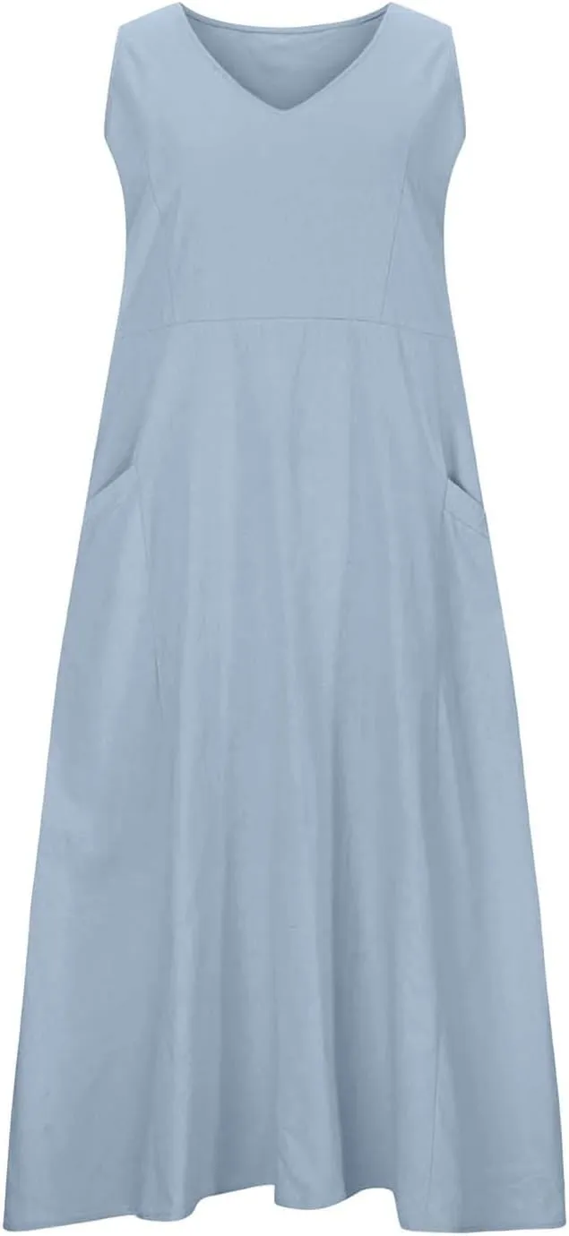 Crew Neck A Line Pleated Tshirt Dress Women's Fashionable Casual Solid Color Pocket V Neck Sleeveless Casual Dress
