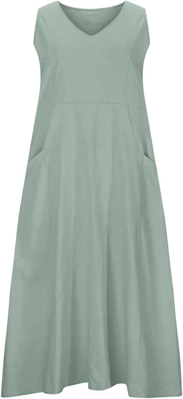 Crew Neck A Line Pleated Tshirt Dress Women's Fashionable Casual Solid Color Pocket V Neck Sleeveless Casual Dress