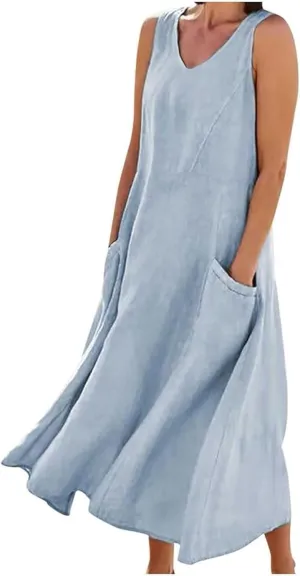 Crew Neck A Line Pleated Tshirt Dress Women's Fashionable Casual Solid Color Pocket V Neck Sleeveless Casual Dress