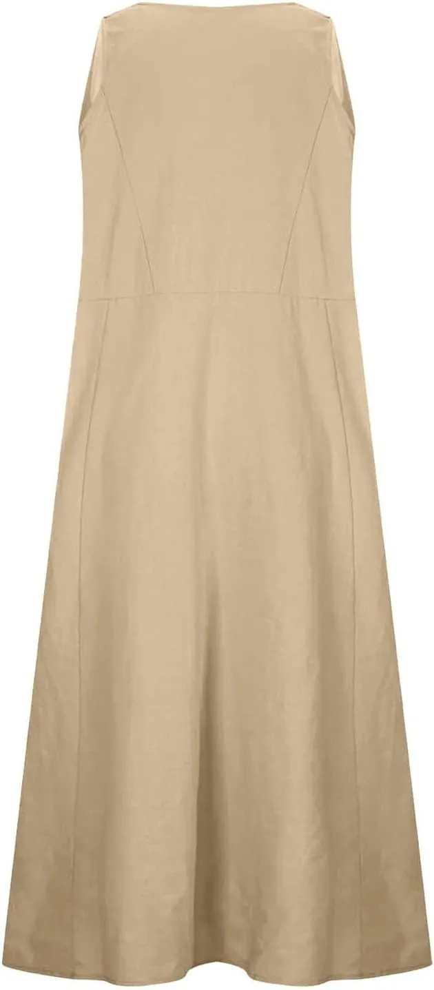 Crew Neck A Line Pleated Tshirt Dress Women's Fashionable Casual Solid Color Pocket V Neck Sleeveless Casual Dress