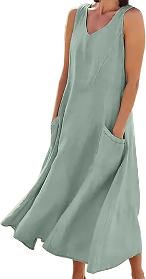 Crew Neck A Line Pleated Tshirt Dress Women's Fashionable Casual Solid Color Pocket V Neck Sleeveless Casual Dress