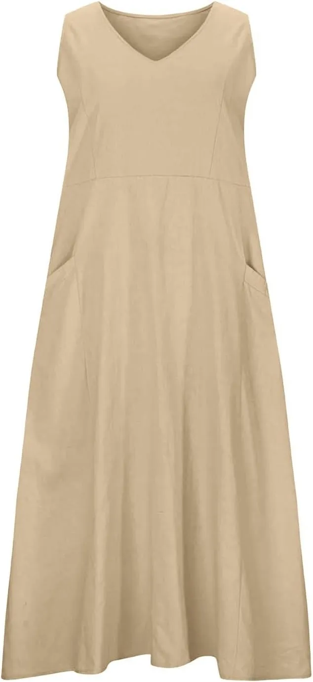 Crew Neck A Line Pleated Tshirt Dress Women's Fashionable Casual Solid Color Pocket V Neck Sleeveless Casual Dress