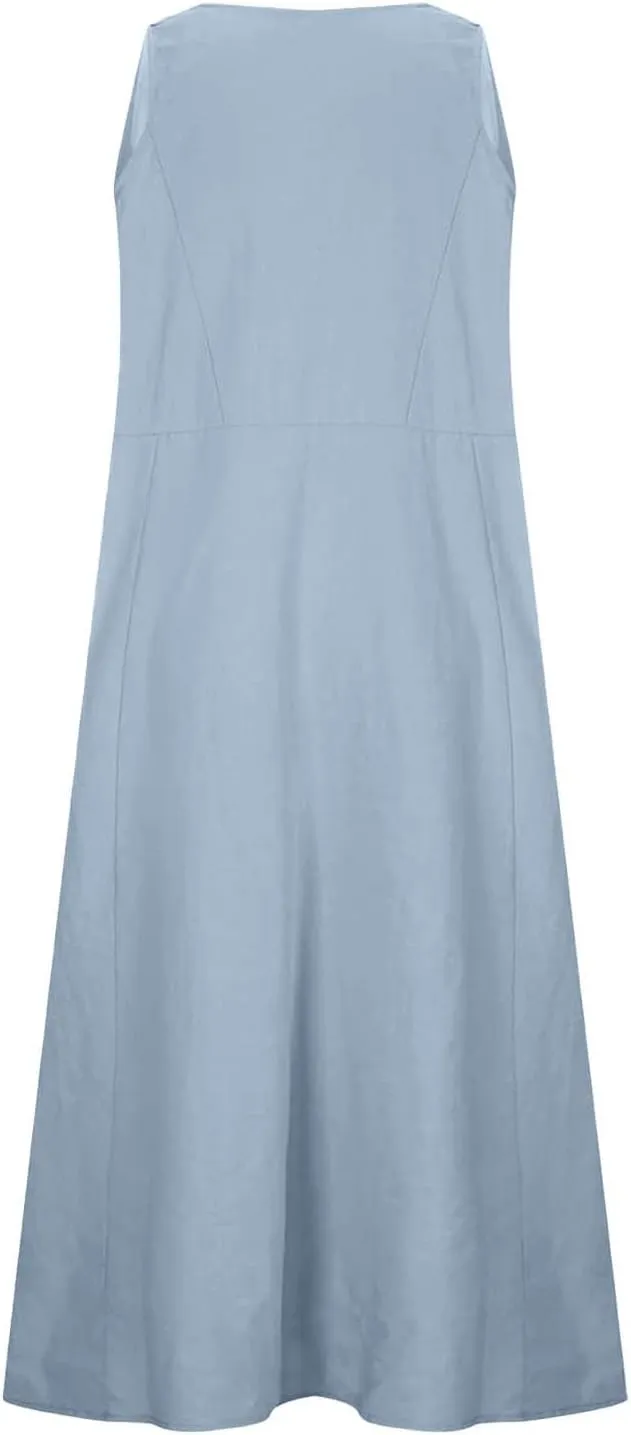 Crew Neck A Line Pleated Tshirt Dress Women's Fashionable Casual Solid Color Pocket V Neck Sleeveless Casual Dress