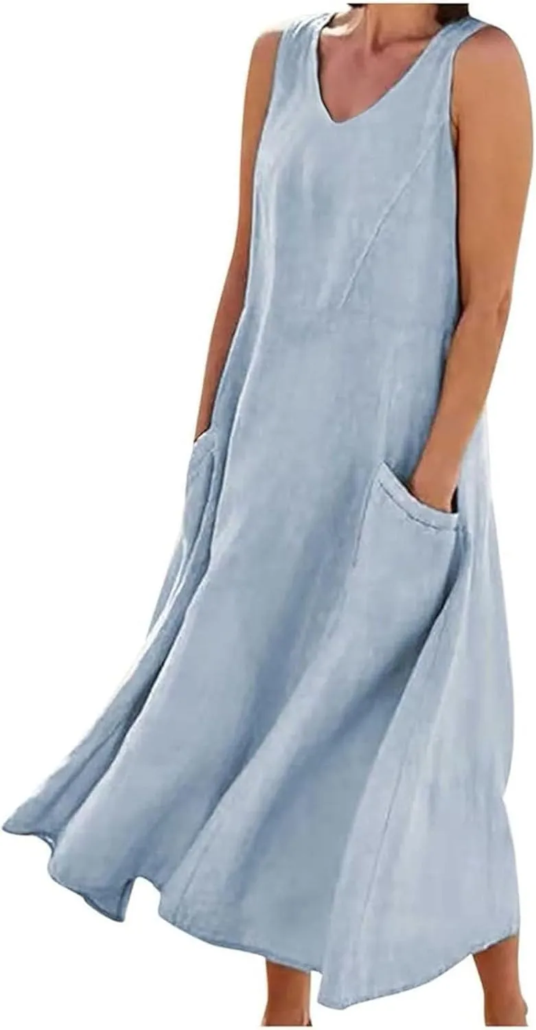 Crew Neck A Line Pleated Tshirt Dress Women's Fashionable Casual Solid Color Pocket V Neck Sleeveless Casual Dress