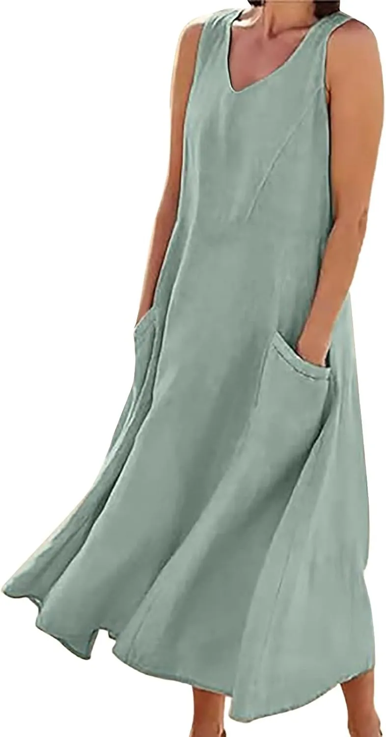 Crew Neck A Line Pleated Tshirt Dress Women's Fashionable Casual Solid Color Pocket V Neck Sleeveless Casual Dress