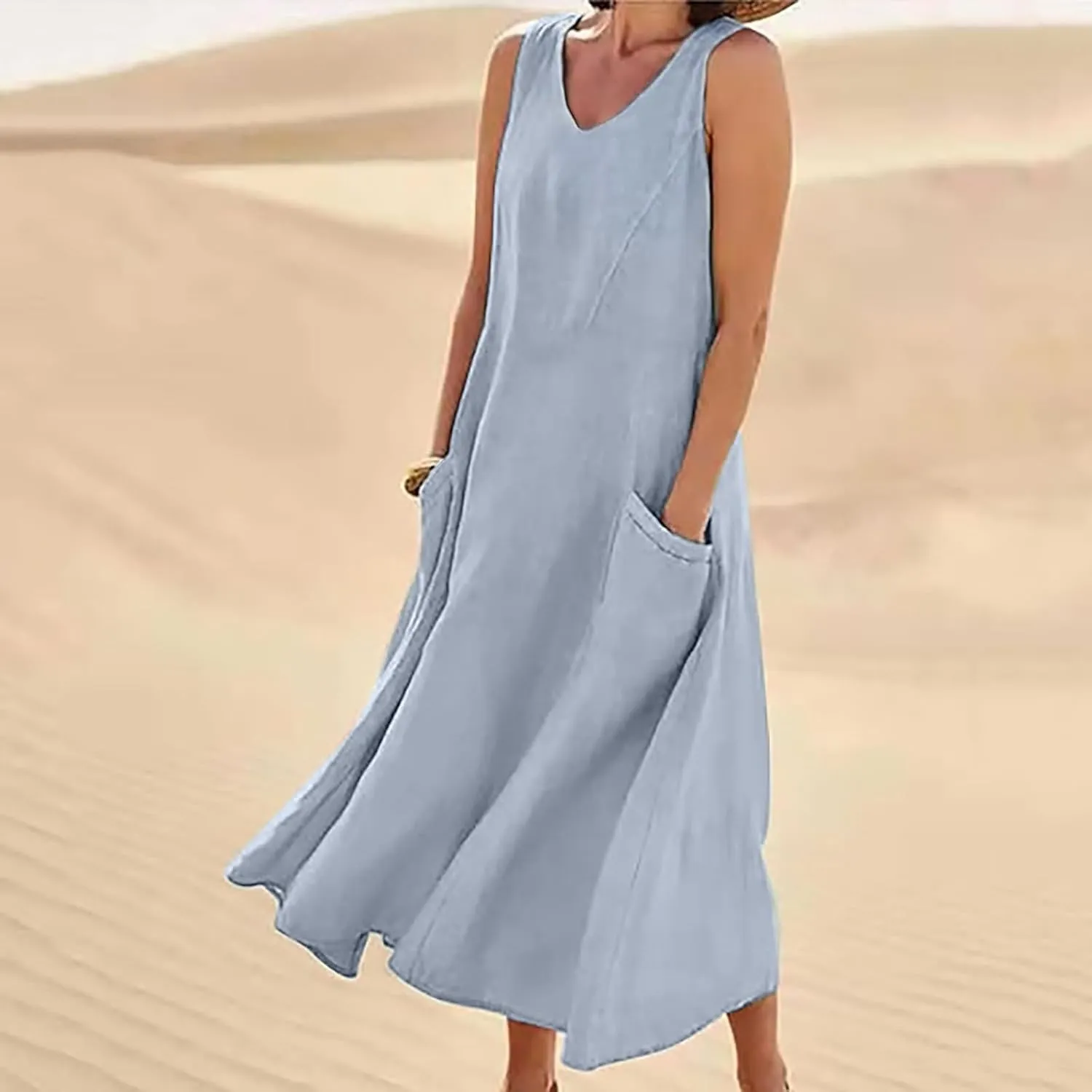 Crew Neck A Line Pleated Tshirt Dress Women's Fashionable Casual Solid Color Pocket V Neck Sleeveless Casual Dress