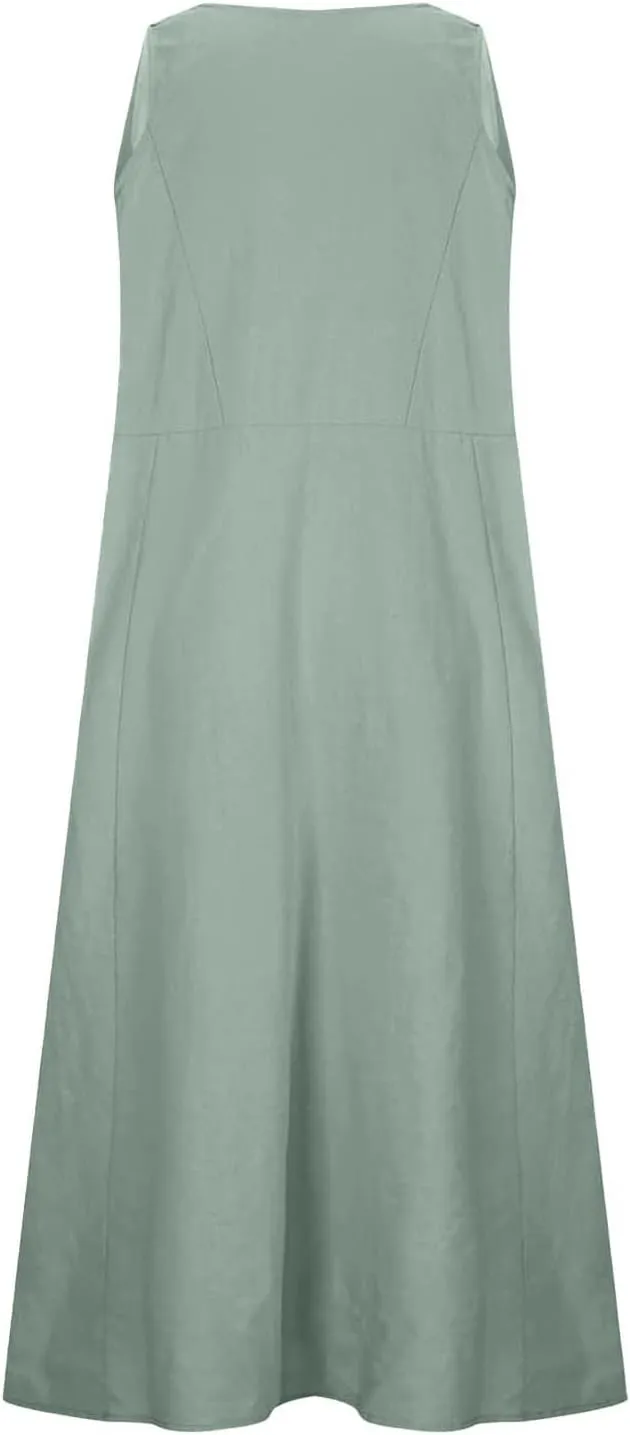 Crew Neck A Line Pleated Tshirt Dress Women's Fashionable Casual Solid Color Pocket V Neck Sleeveless Casual Dress