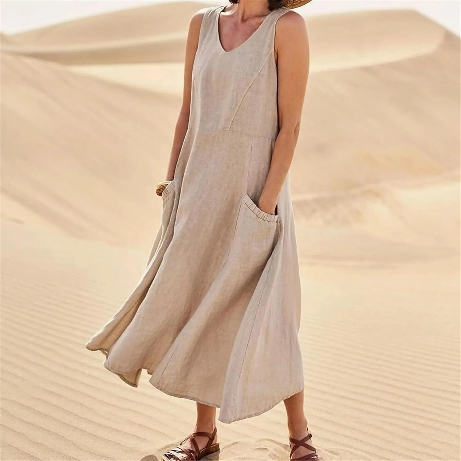 Crew Neck A Line Pleated Tshirt Dress Women's Fashionable Casual Solid Color Pocket V Neck Sleeveless Casual Dress
