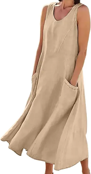 Crew Neck A Line Pleated Tshirt Dress Women's Fashionable Casual Solid Color Pocket V Neck Sleeveless Casual Dress