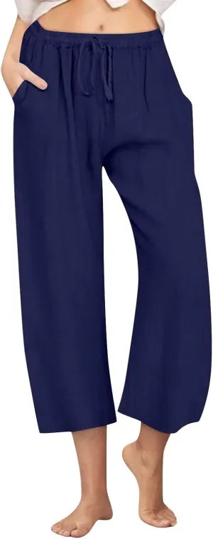 Cropped Wide Leg Linen Pants Women High Waisted Casual Lounge Pant 2025 Lightweight Loose Cotton Capris with Pockets