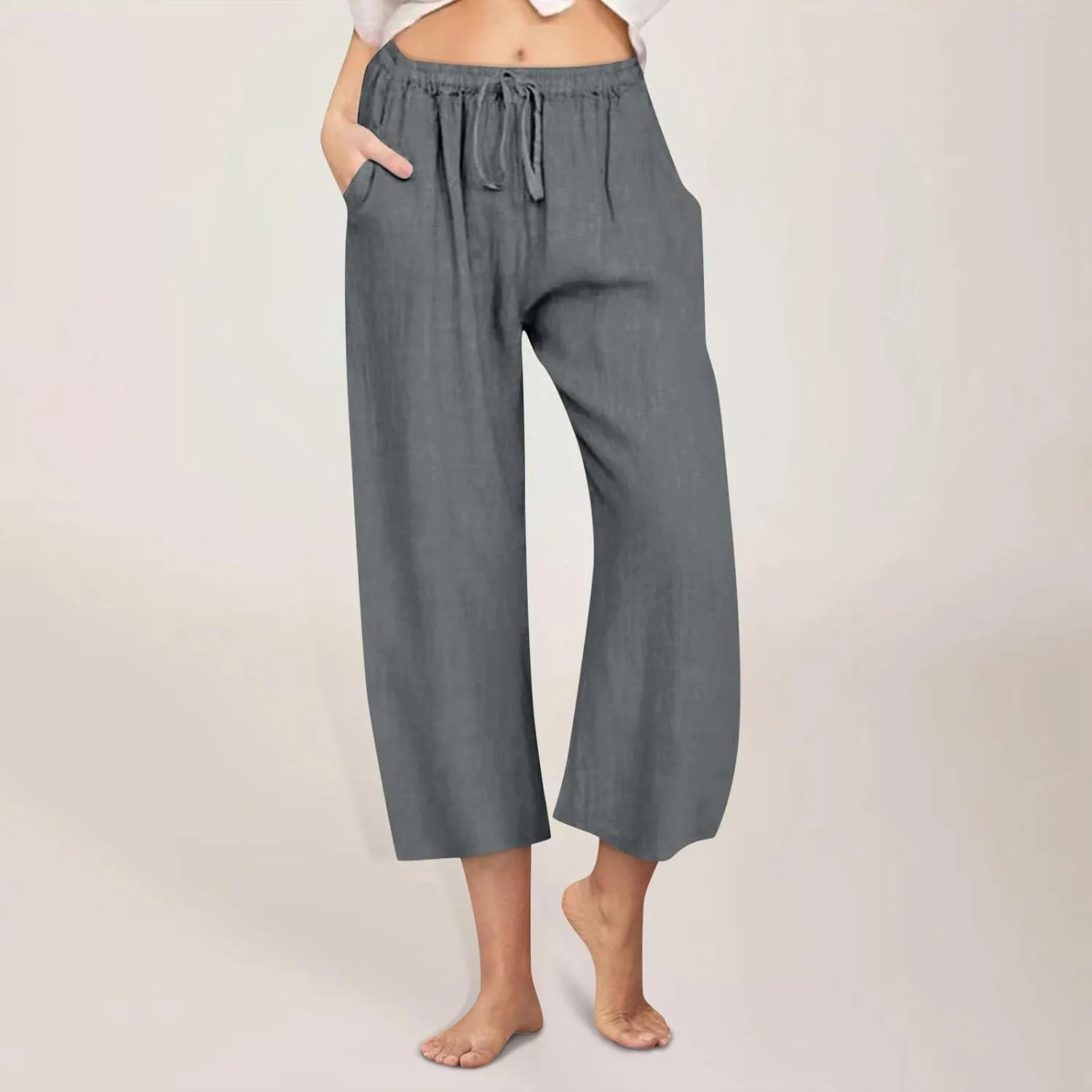 Cropped Wide Leg Linen Pants Women High Waisted Casual Lounge Pant 2025 Lightweight Loose Cotton Capris with Pockets