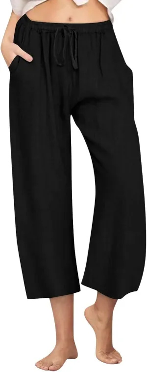 Cropped Wide Leg Linen Pants Women High Waisted Casual Lounge Pant 2025 Lightweight Loose Cotton Capris with Pockets