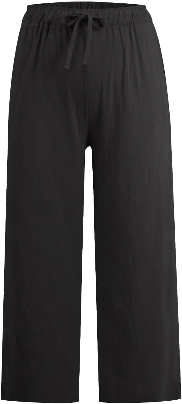 Cropped Wide Leg Linen Pants Women High Waisted Casual Lounge Pant 2025 Lightweight Loose Cotton Capris with Pockets