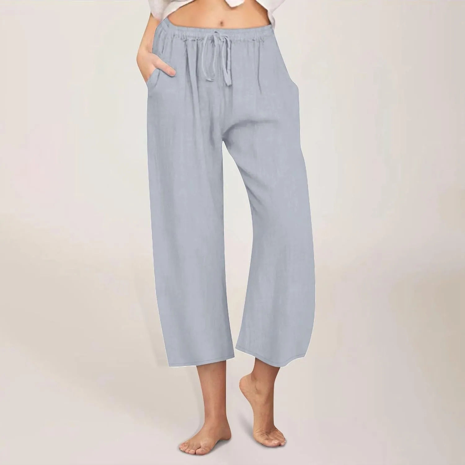 Cropped Wide Leg Linen Pants Women High Waisted Casual Lounge Pant 2025 Lightweight Loose Cotton Capris with Pockets
