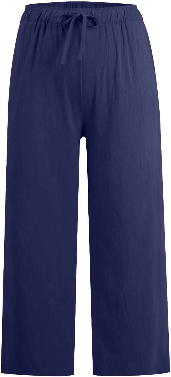 Cropped Wide Leg Linen Pants Women High Waisted Casual Lounge Pant 2025 Lightweight Loose Cotton Capris with Pockets