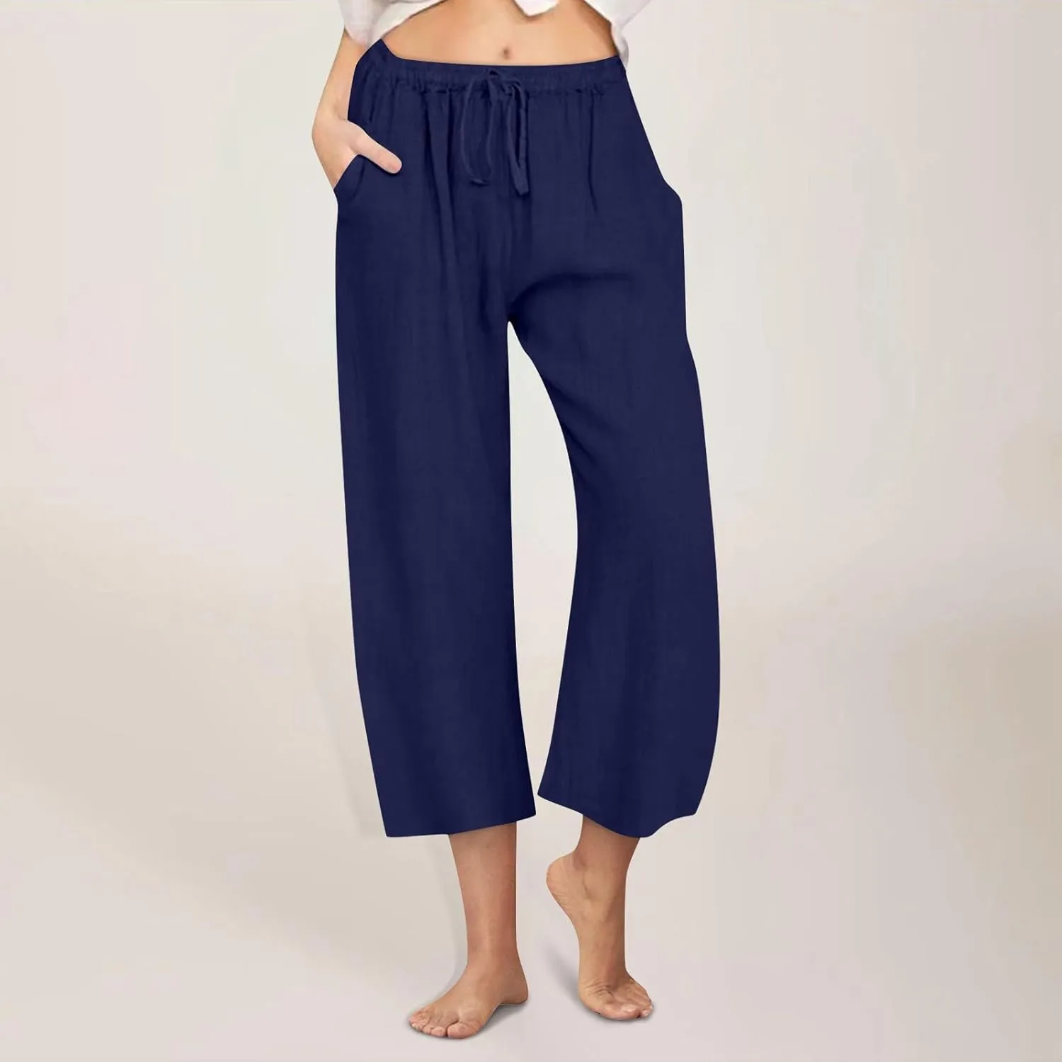 Cropped Wide Leg Linen Pants Women High Waisted Casual Lounge Pant 2025 Lightweight Loose Cotton Capris with Pockets