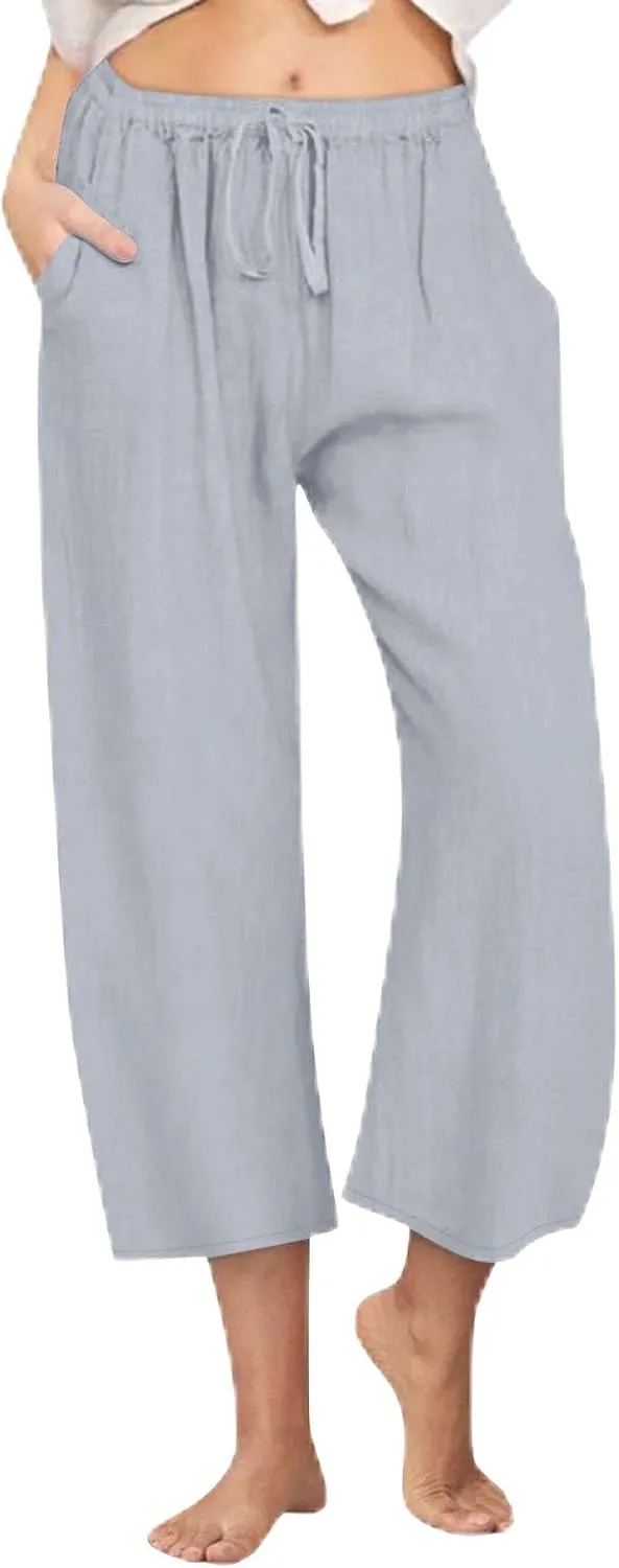 Cropped Wide Leg Linen Pants Women High Waisted Casual Lounge Pant 2025 Lightweight Loose Cotton Capris with Pockets