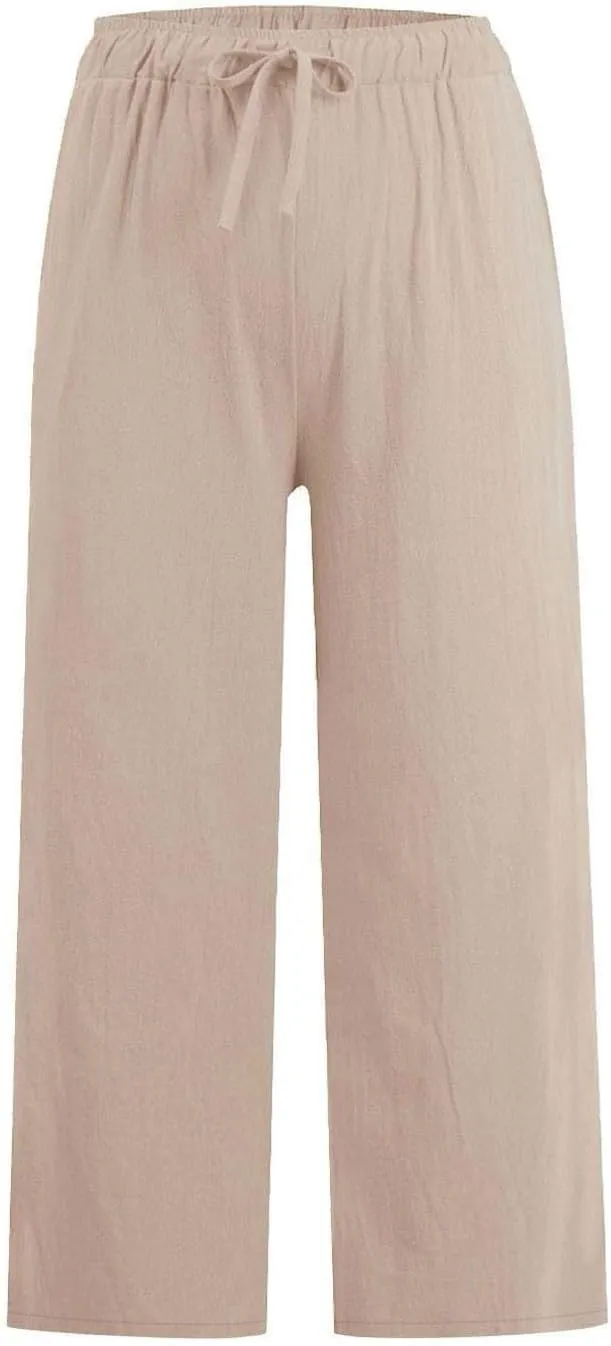 Cropped Wide Leg Linen Pants Women High Waisted Casual Lounge Pant 2025 Lightweight Loose Cotton Capris with Pockets