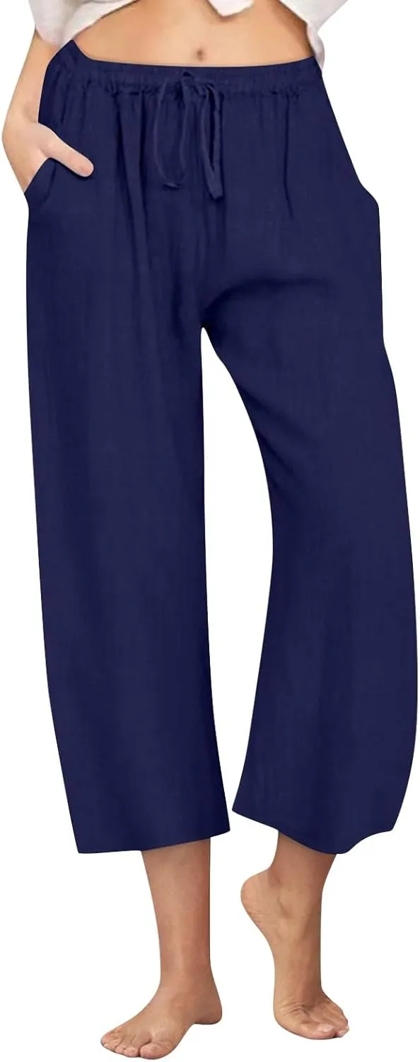 Cropped Wide Leg Linen Pants Women High Waisted Casual Lounge Pant 2025 Lightweight Loose Cotton Capris with Pockets