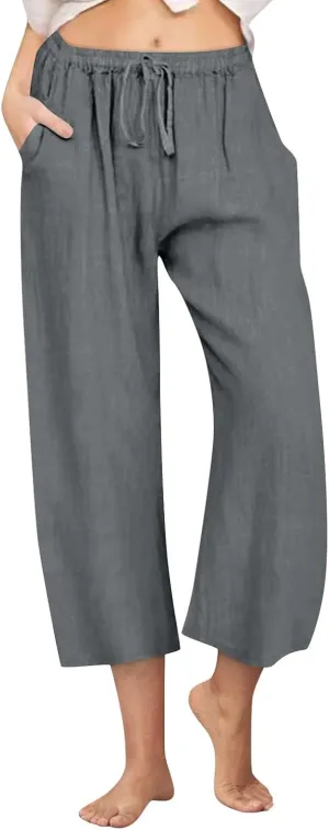 Cropped Wide Leg Linen Pants Women High Waisted Casual Lounge Pant 2025 Lightweight Loose Cotton Capris with Pockets