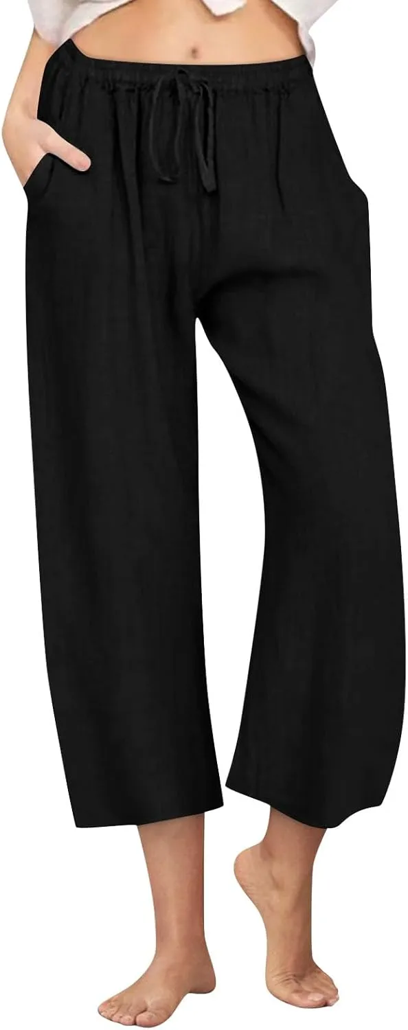 Cropped Wide Leg Linen Pants Women High Waisted Casual Lounge Pant 2025 Lightweight Loose Cotton Capris with Pockets