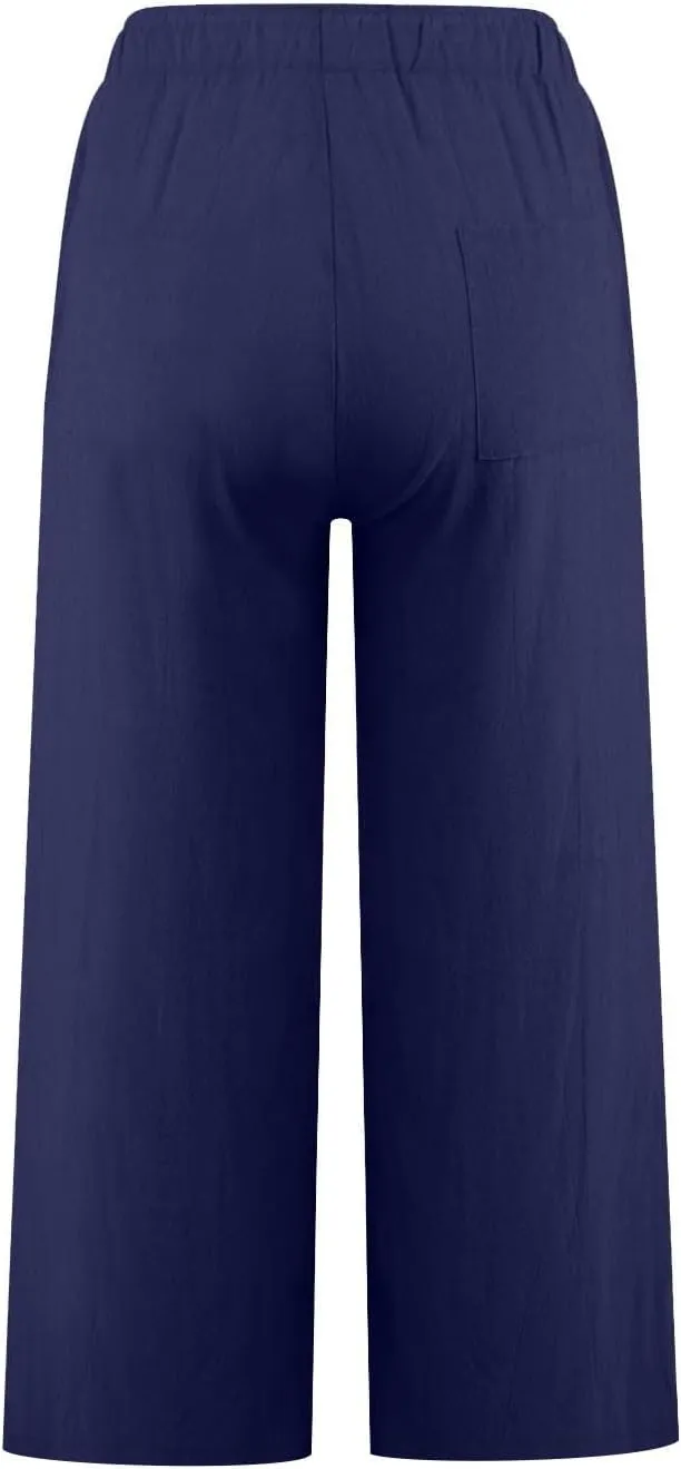 Cropped Wide Leg Linen Pants Women High Waisted Casual Lounge Pant 2025 Lightweight Loose Cotton Capris with Pockets