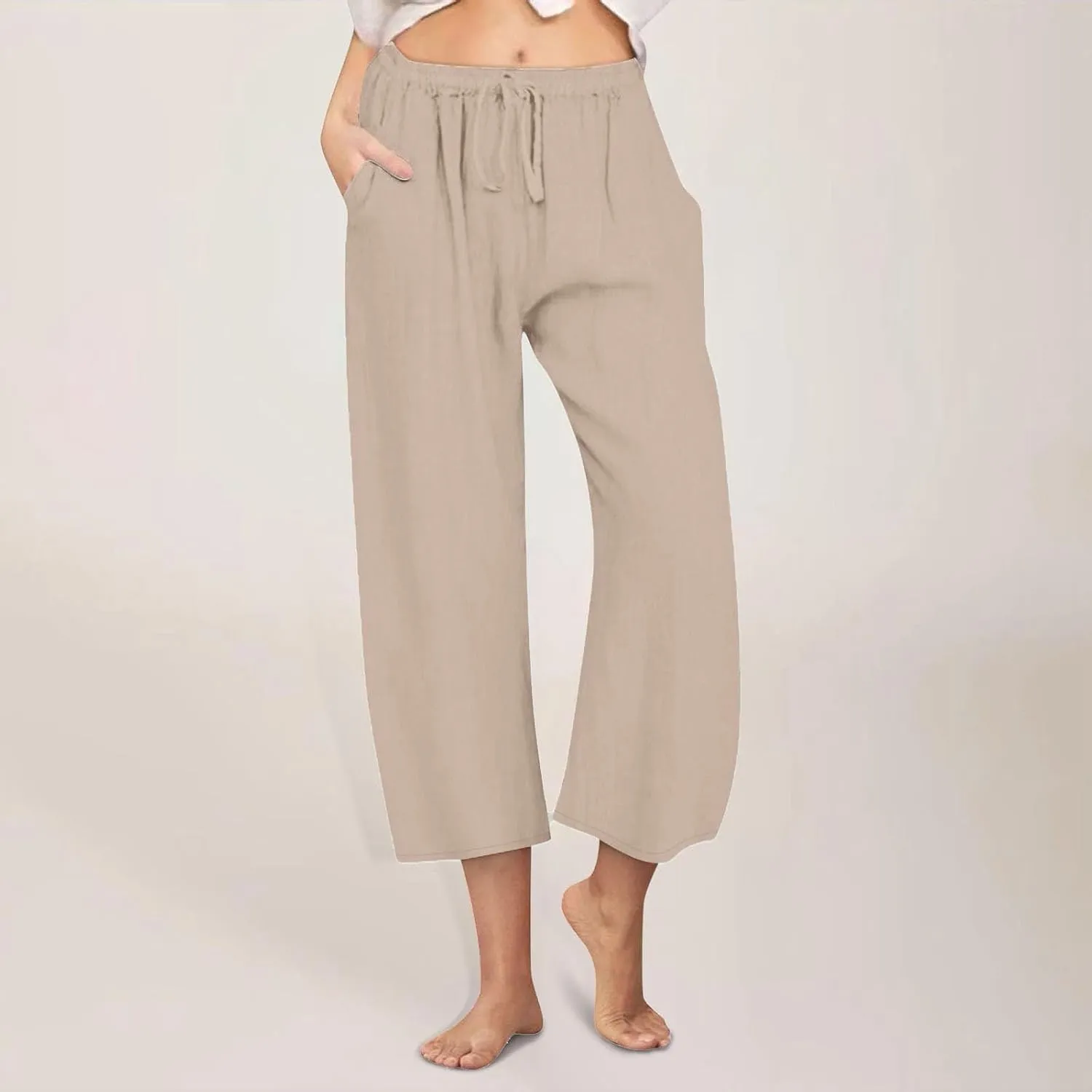 Cropped Wide Leg Linen Pants Women High Waisted Casual Lounge Pant 2025 Lightweight Loose Cotton Capris with Pockets