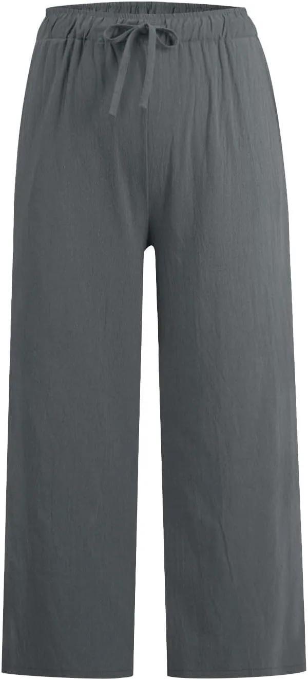 Cropped Wide Leg Linen Pants Women High Waisted Casual Lounge Pant 2025 Lightweight Loose Cotton Capris with Pockets