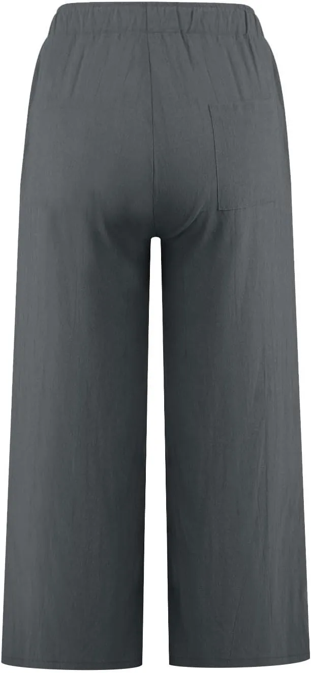Cropped Wide Leg Linen Pants Women High Waisted Casual Lounge Pant 2025 Lightweight Loose Cotton Capris with Pockets
