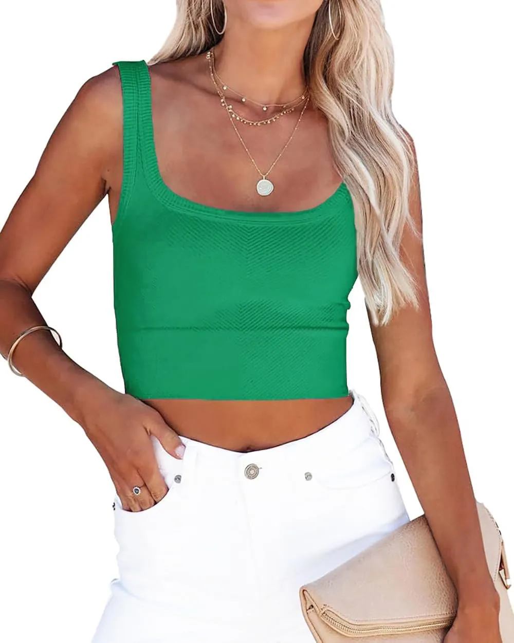 CYVESOULA Tank Top for Women Scoop Neck Sleeveless Crop Tops Chevron Ribbed Knit Crop Tank Top Fitted Soft Basic Cropped Tank